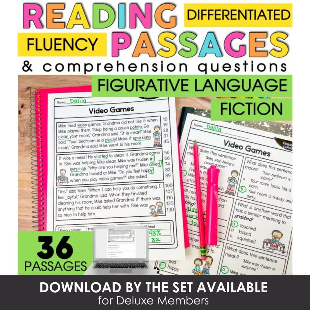 Engaging reading passages for differentiated literacy practice, focusing on fluency, comprehension, figurative language, fiction, and targeted questions for early learners.