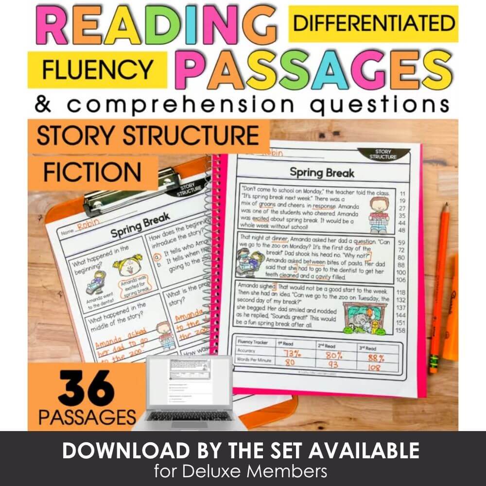 Engaging reading comprehension passages with differentiated story structure and fiction questions for enhancing fluency and oral language skills.