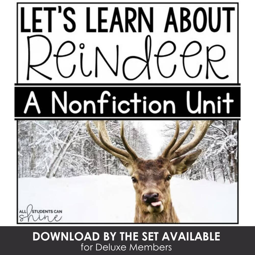 Reindeer nonfiction unit for kindergarten, preschool, and elementary students focusing on winter animals, holiday learning, and nonfiction reading activities for early learners.