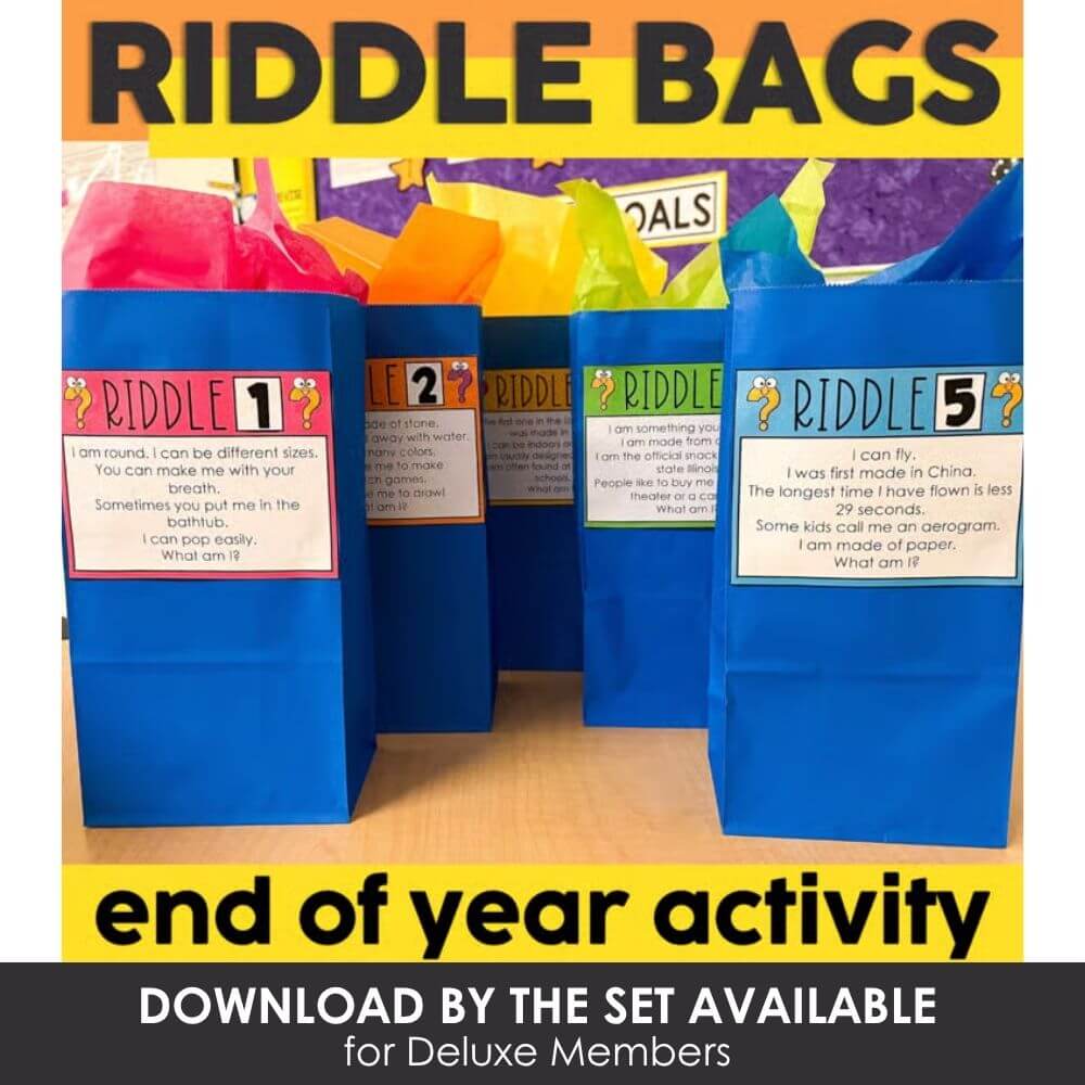 Colorful educational riddle bags for end of year classroom activities, perfect for early learners, teachers, and homeschoolers to promote problem-solving and critical thinking skills.
