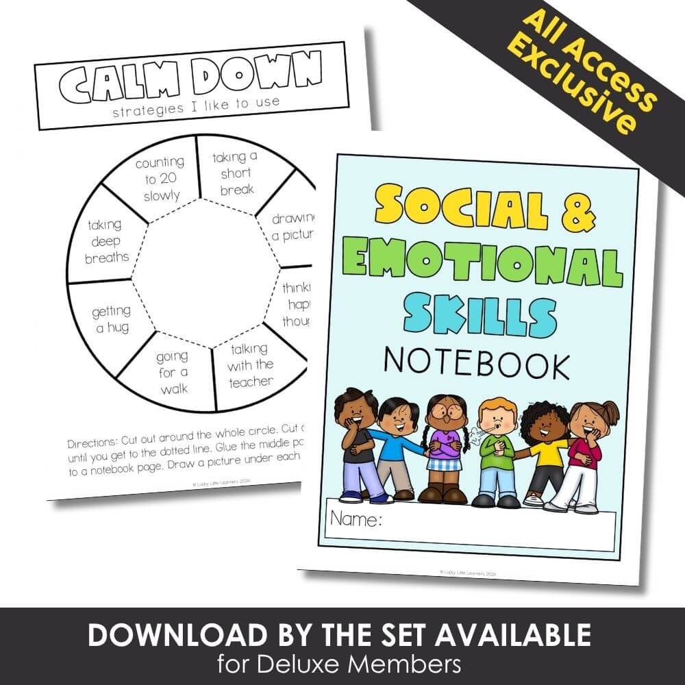 Colorful social and emotional skills notebook for kindergarten, includes calming strategies and activities to promote emotional awareness, social skills, and classroom behavior management.