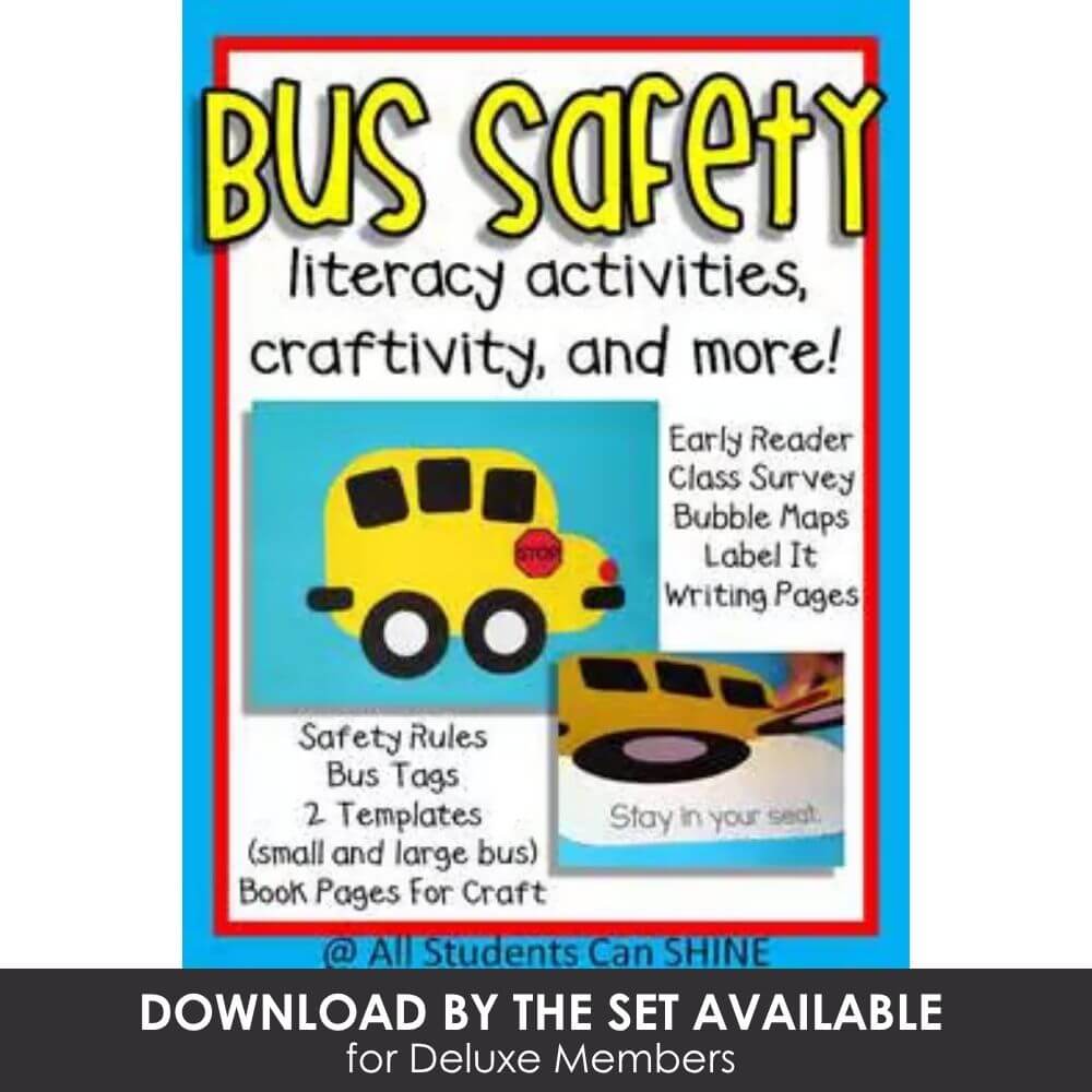 Bus safety literacy activities, craft ideas, and more for early elementary students. Includes class survey, bubble maps, label it, and writing pages for kindergarten and first grade.