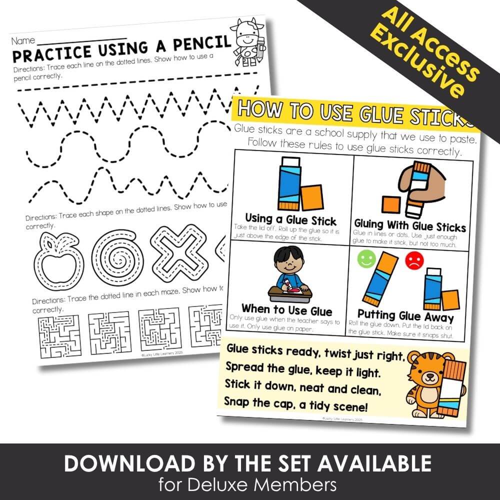 Colorful educational worksheet for teaching young children how to use glue sticks, with step-by-step instructions, tracing activities, and fun graphics for early learning.