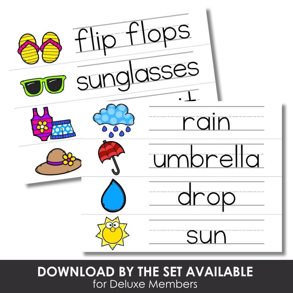 Colorful weather-themed literacy worksheet with flip flops, sunglasses, umbrella, rain, drop, and sun icons, perfect for early childhood learning and weather vocabulary activities.