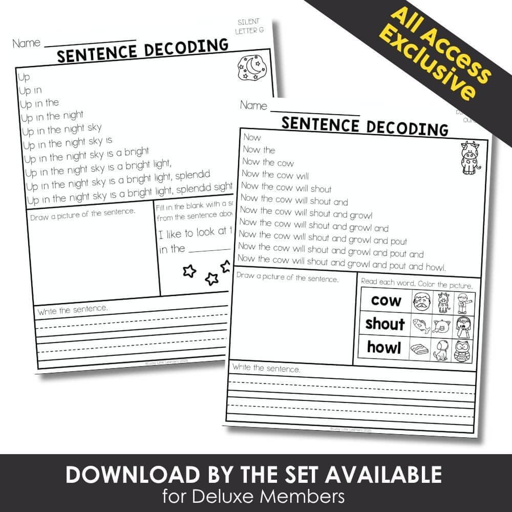 Educational sentence decoding worksheets for early literacy and reading comprehension, perfect for kindergarten and elementary students.