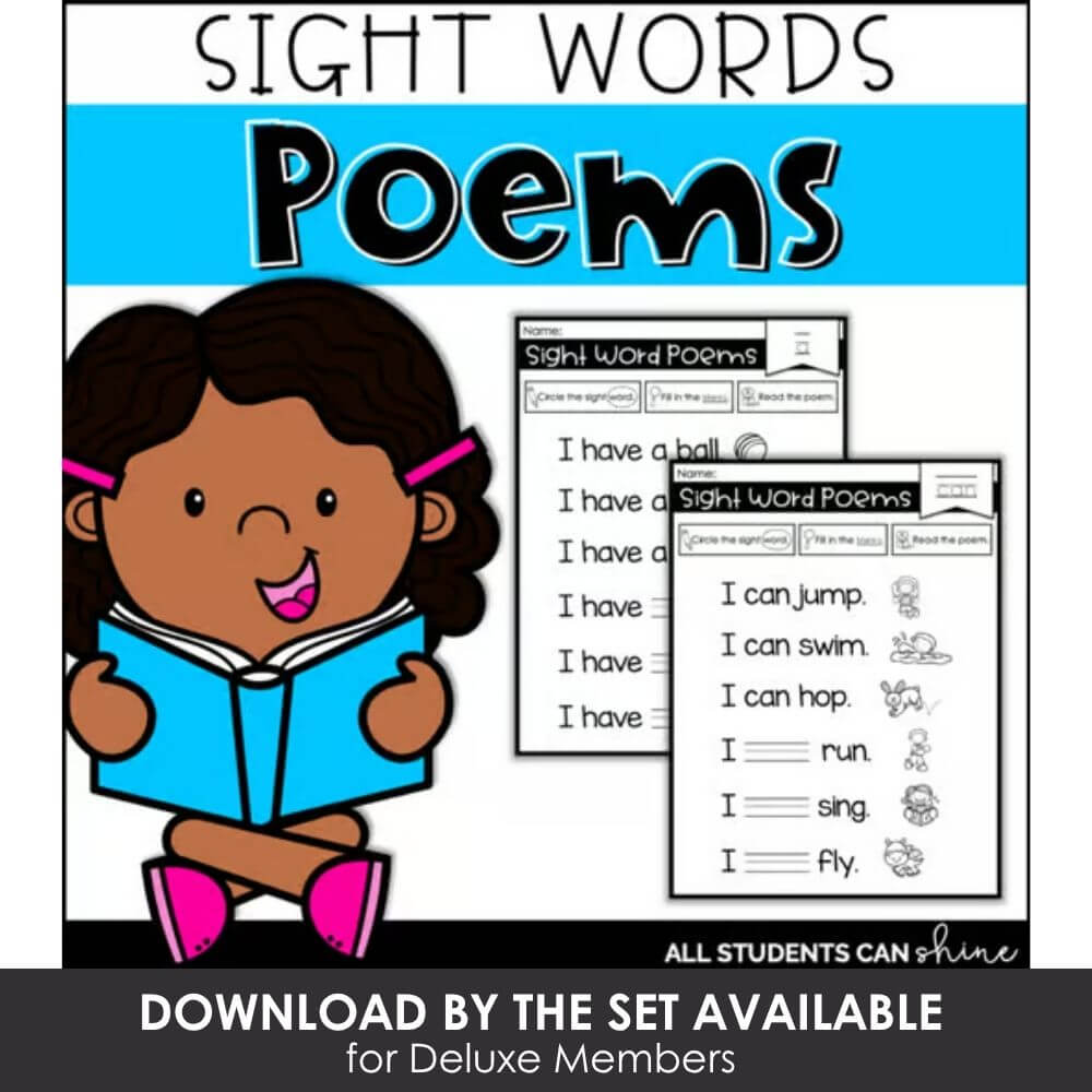 Cute girl reading sight word poems for early literacy learning in kindergarten and preschool.