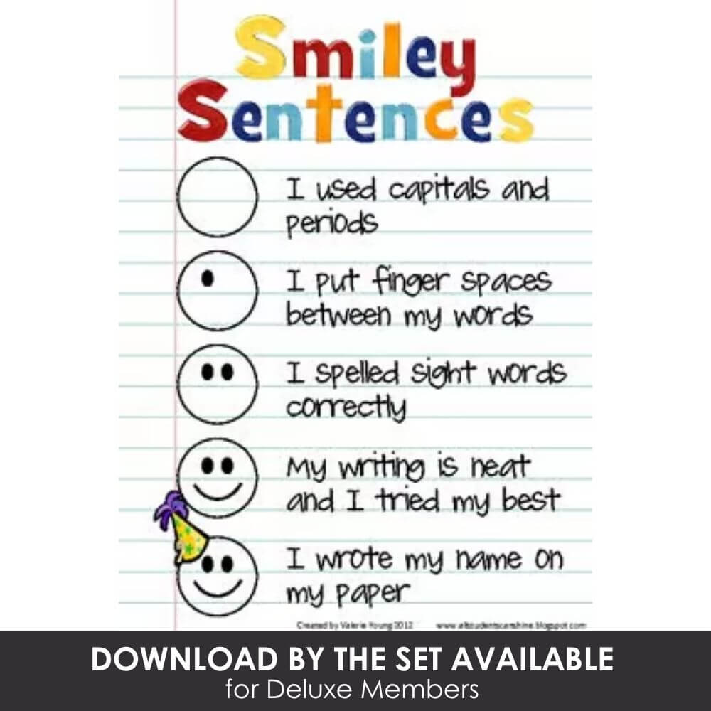 Smiley sentences educational activity for beginner writers, promotes handwriting skills, sight word spelling, and proper punctuation, perfect for early elementary classroom and homeschool use.