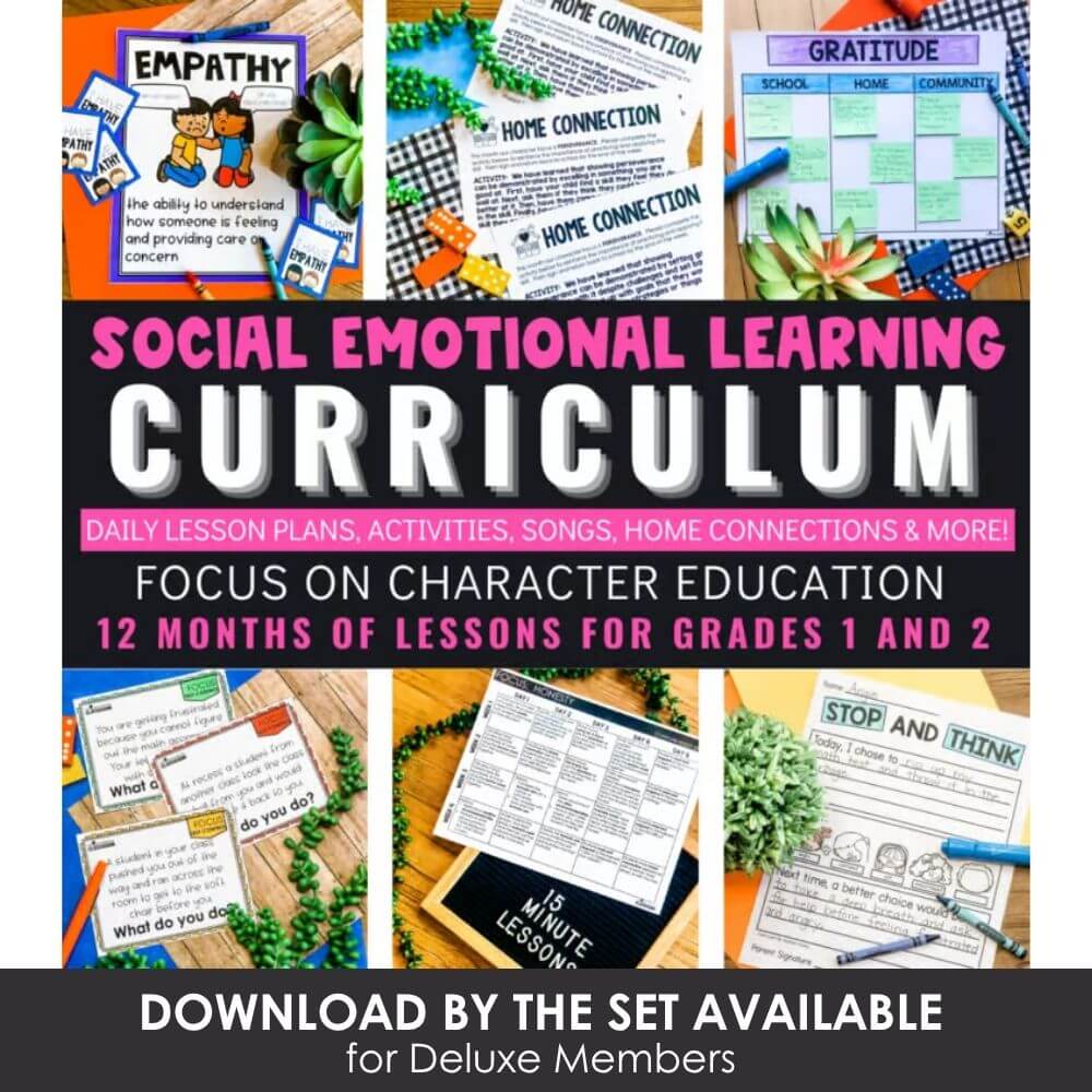 Empathy social emotional learning curriculum for kindergarten and early elementary students, with daily lessons, activities, songs, and home connection ideas.