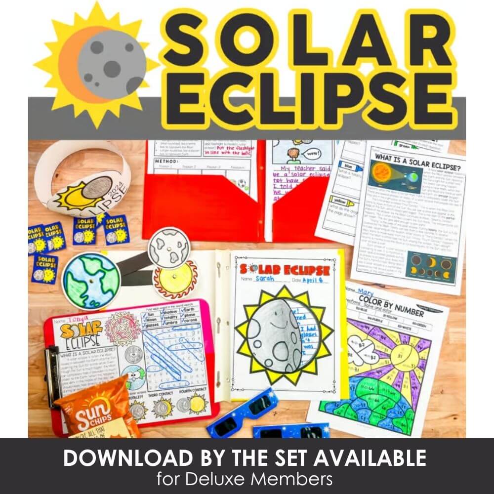 Colorful solar eclipse educational activities for kindergarten, preschool, and elementary students. Solar eclipse lesson plans, worksheets, and crafts for STEM learning.