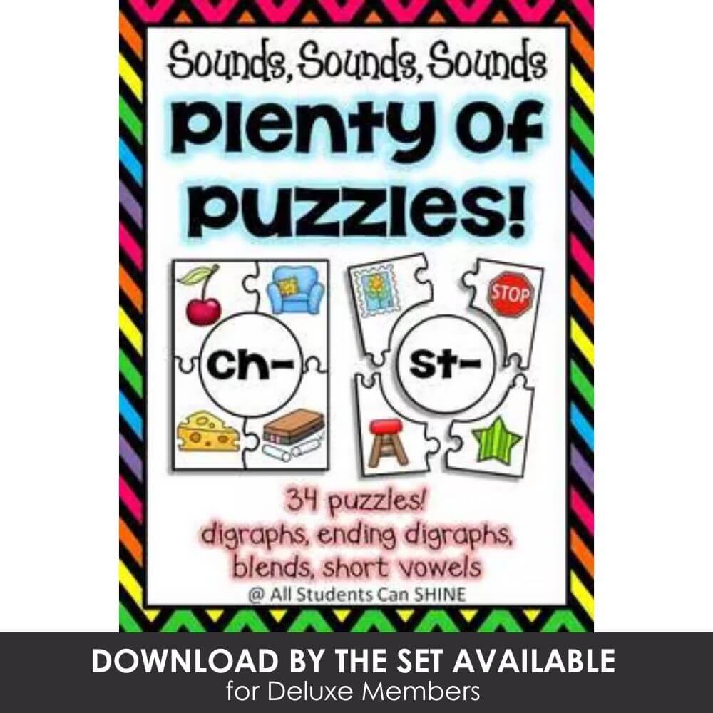 Colorful puzzle activity for early literacy, focusing on digraphs, ending digraphs, blends, and short vowels for preschool and kindergarten students.