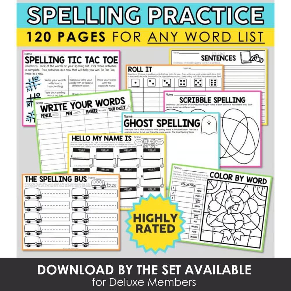 Spelling practice activities for elementary students, including word lists, word writing, tic-tac-toe, and color-by-word worksheets for effective learning.