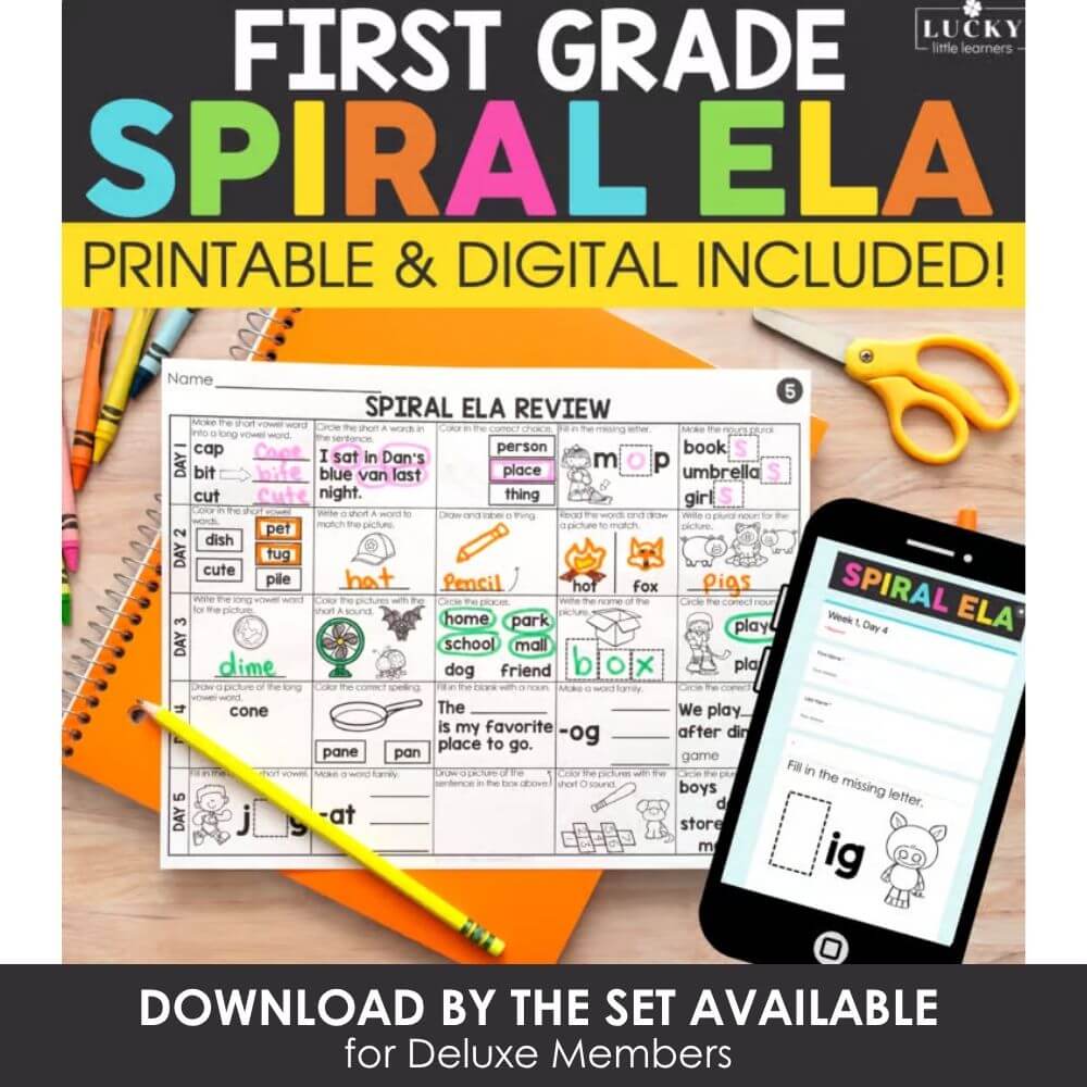 Spiral Ela first grade literacy activities printable digital included for early childhood learning.