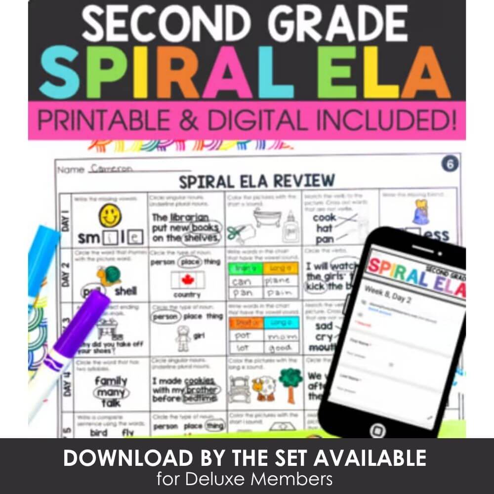 Second grade spiral ELA printable and digital activities for early literacy and reading skills practice.