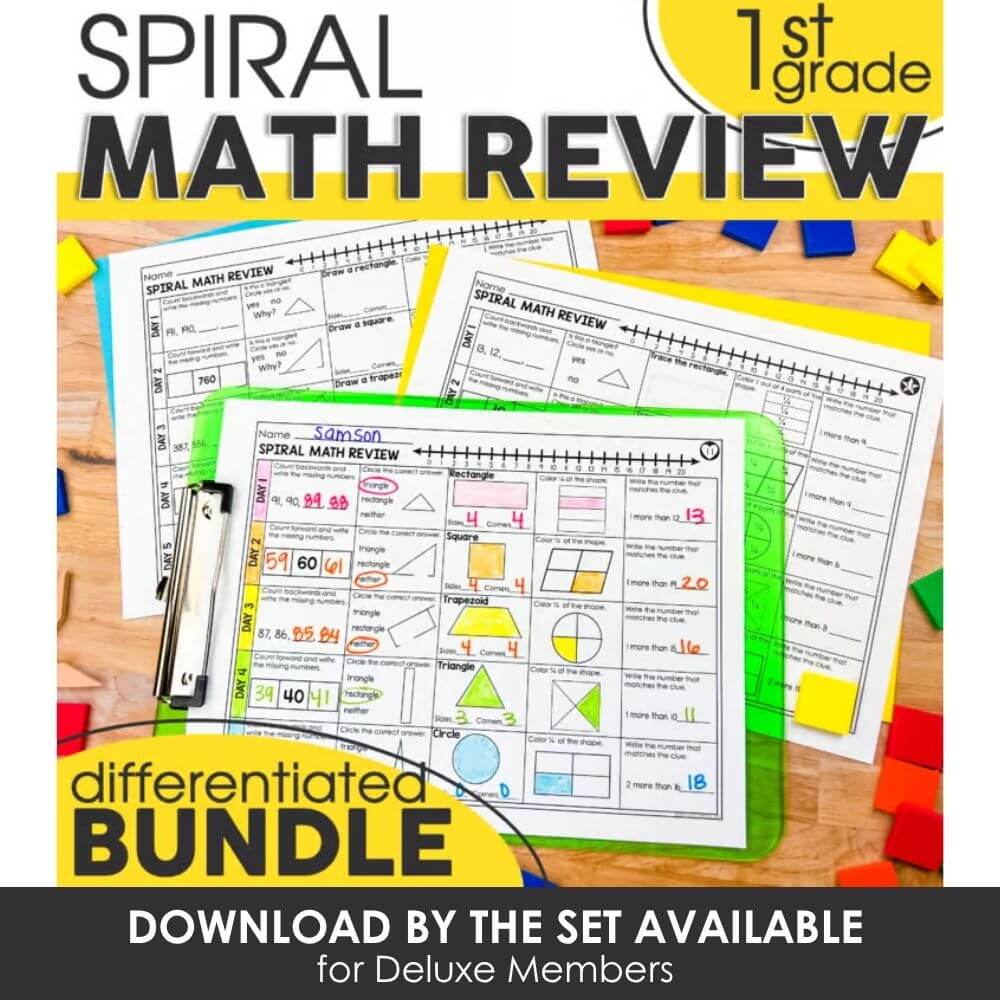 Spiral math review worksheet for 1st grade students, featuring differentiation and colorful visuals, ideal for early math learning and assessment.