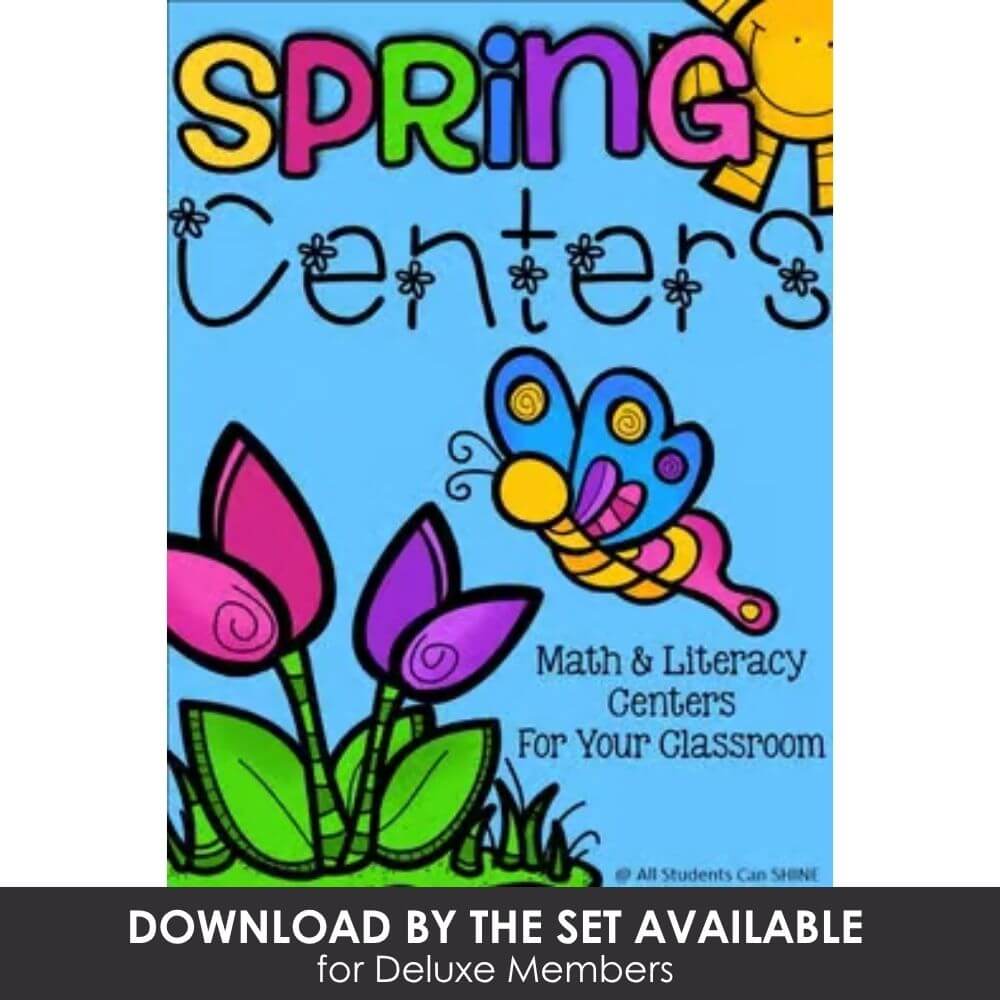 Bright colorful spring-themed classroom centers for math and literacy activities for early childhood education.
