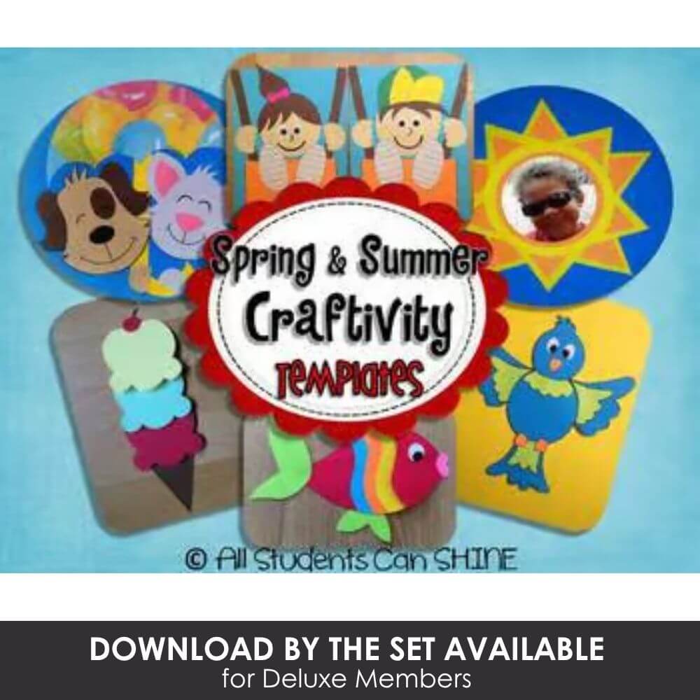 Colorful spring and summer craft templates for kids, featuring playful characters, animals, and weather scenes, perfect for early education activities and classroom projects.