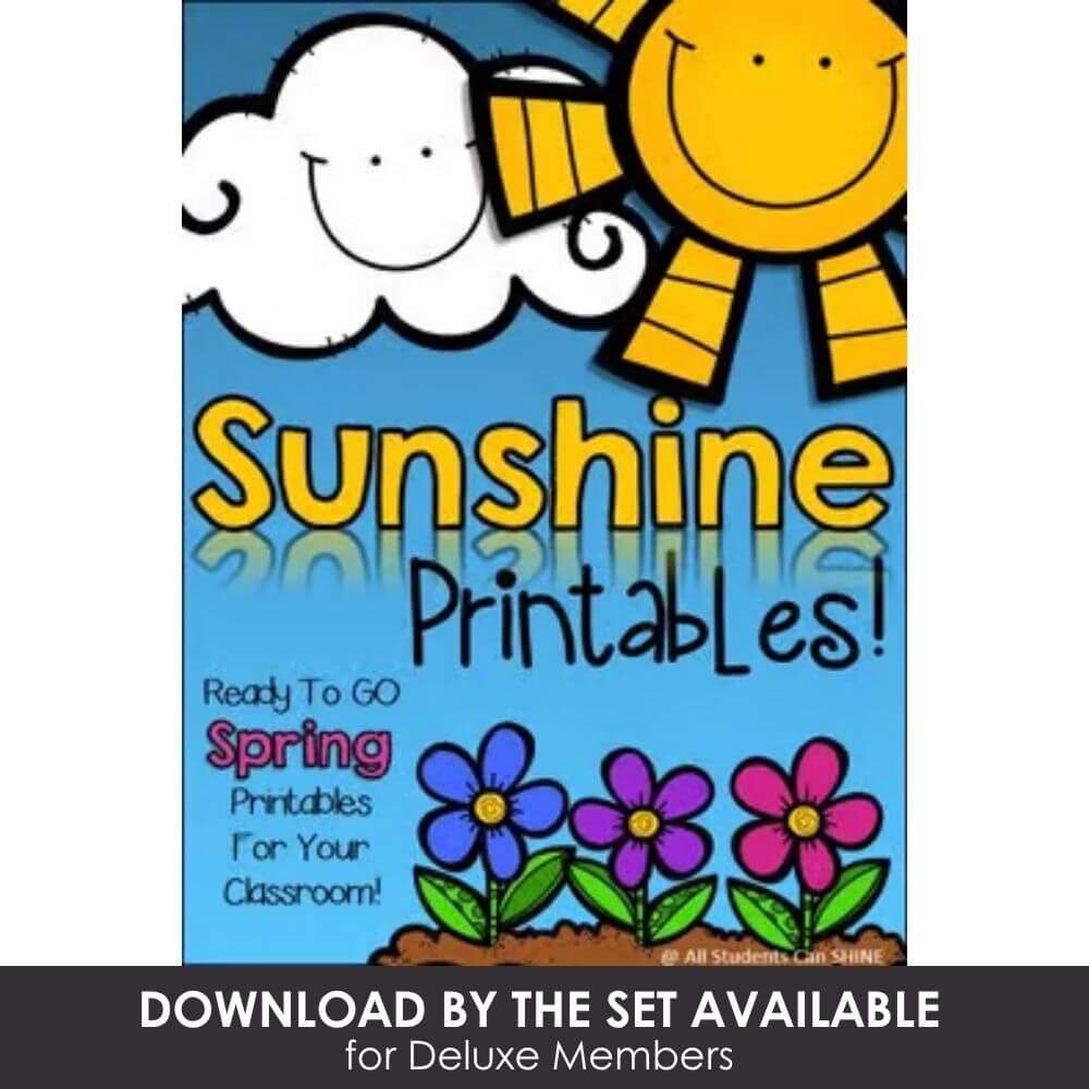 Bright yellow and smiling sun with cheerful cloud illustration for spring-themed educational printables.