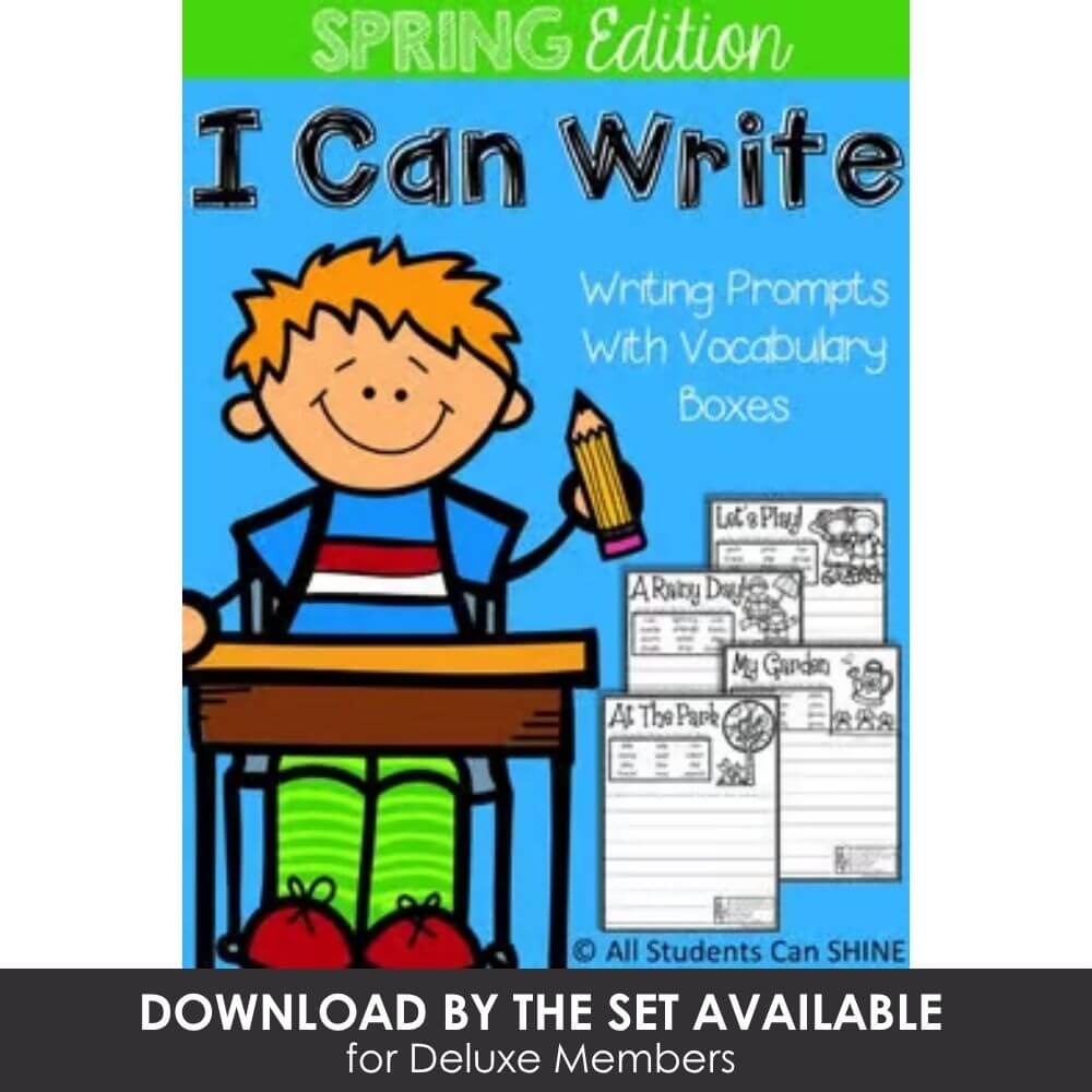 Colorful spring-themed writing prompts for preschool students to enhance vocabulary and handwriting skills.