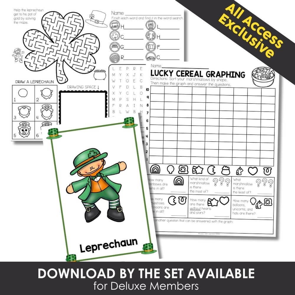 Colorful educational leprechaun activity for preschool, kindergarten, and early learners focusing on St. Patrick's Day, shapes, counting, and literacy skills.