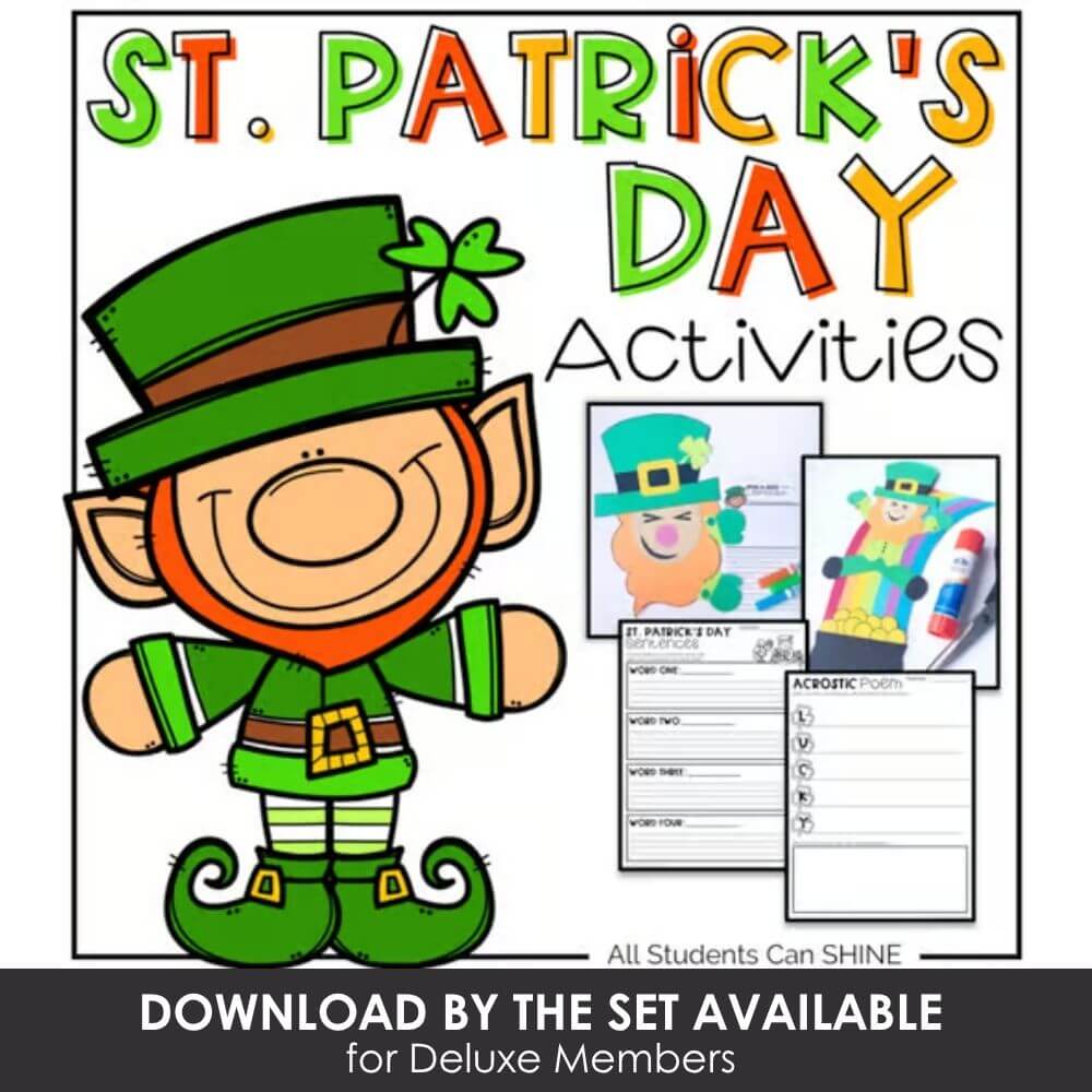 Green leprechaun St. Patrick's Day activities booklet with coloring pages, poems, and writing prompts for kids celebrating Irish holiday tradition.