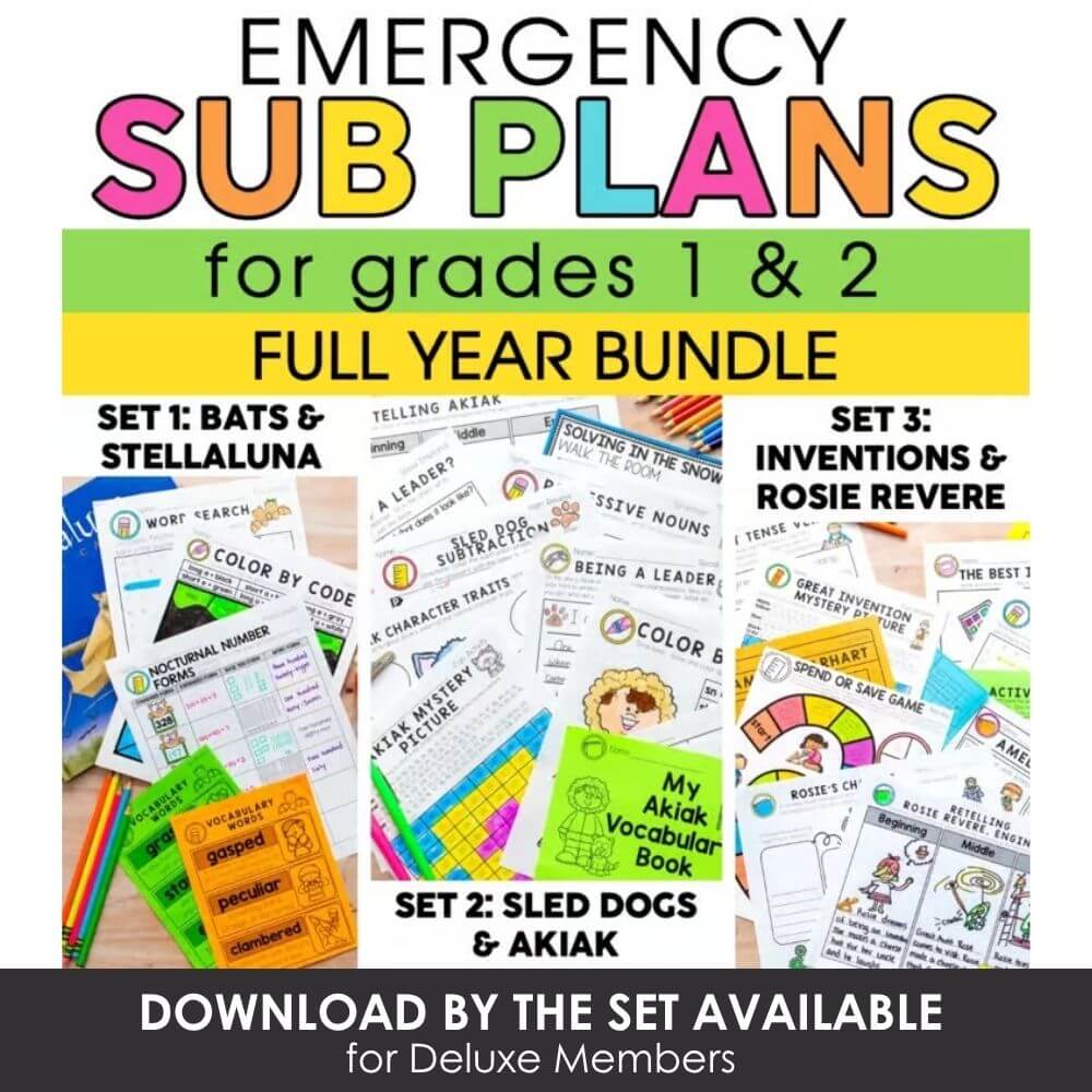 Emergency sub plans for grades 1 and 2, full-year bundle with lesson plans, activities, and resources for teachers.