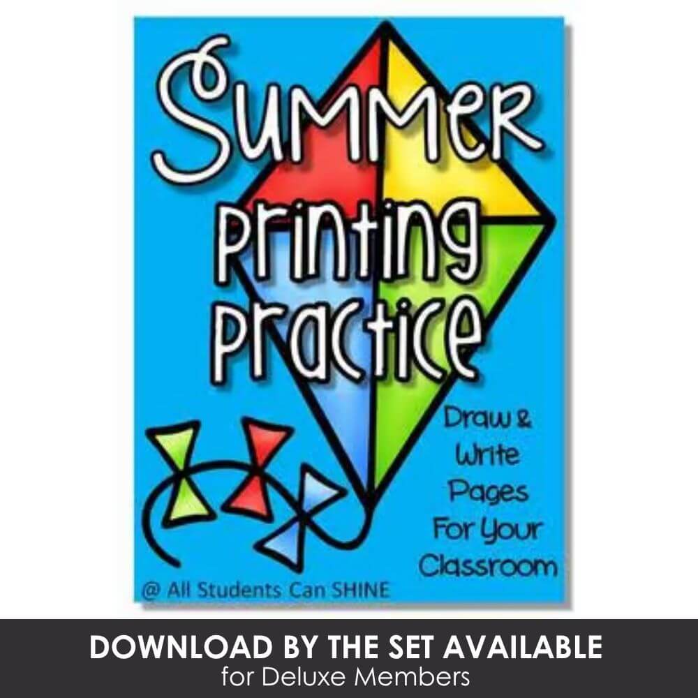 Bright summer-themed drawing and writing practice pages for elementary classroom activities and handwriting skill development.