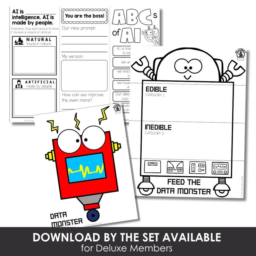 Colorful educational worksheets for early learning and literacy, featuring fun robot-themed activities and data monster visualization for engaging young students.