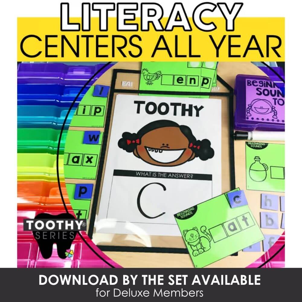 Colorful early literacy centers for kindergarten and preschool, focused on phonics, beginning sounds, and literacy development, perfect for classroom use and educational activities.