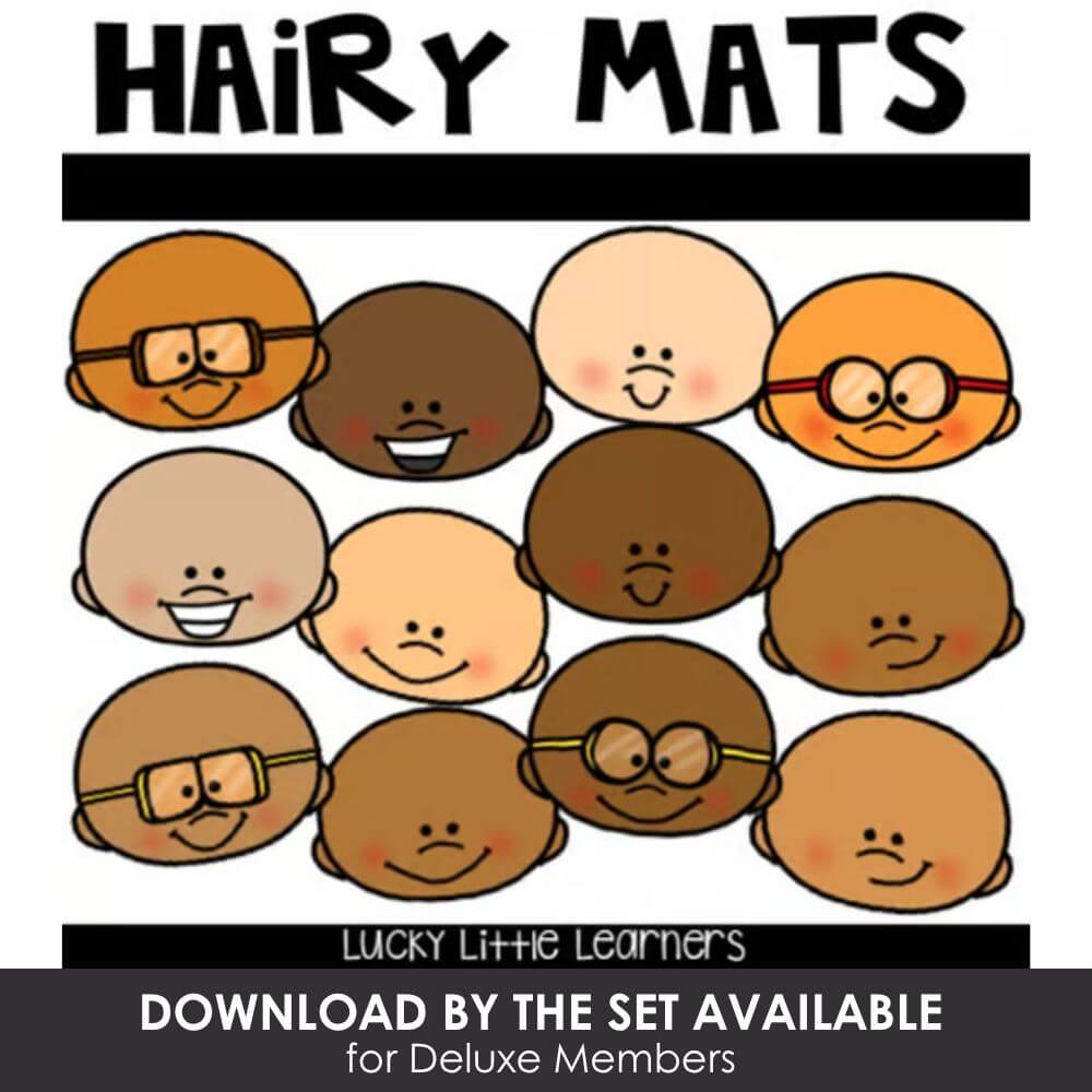 Colorful cartoon children wearing hairy mats, cute diverse faces, educational classroom decor, fun learning resources, preschool activity ideas, kids educational tools, Lucky Little Learners.