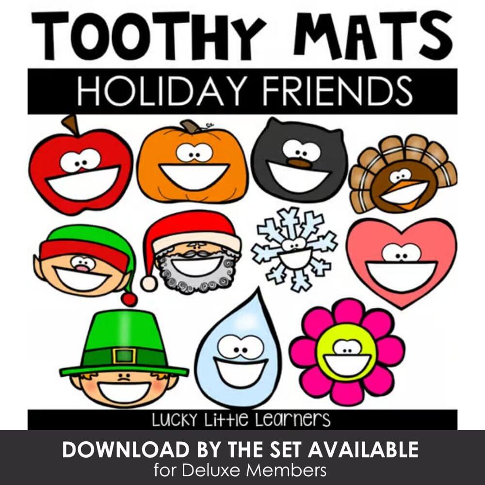 Colorful holiday-themed cartoon toothing mats featuring festive characters including pumpkins, Santa, elves, snowflakes, and hearts, perfect for young children and early learning activities.