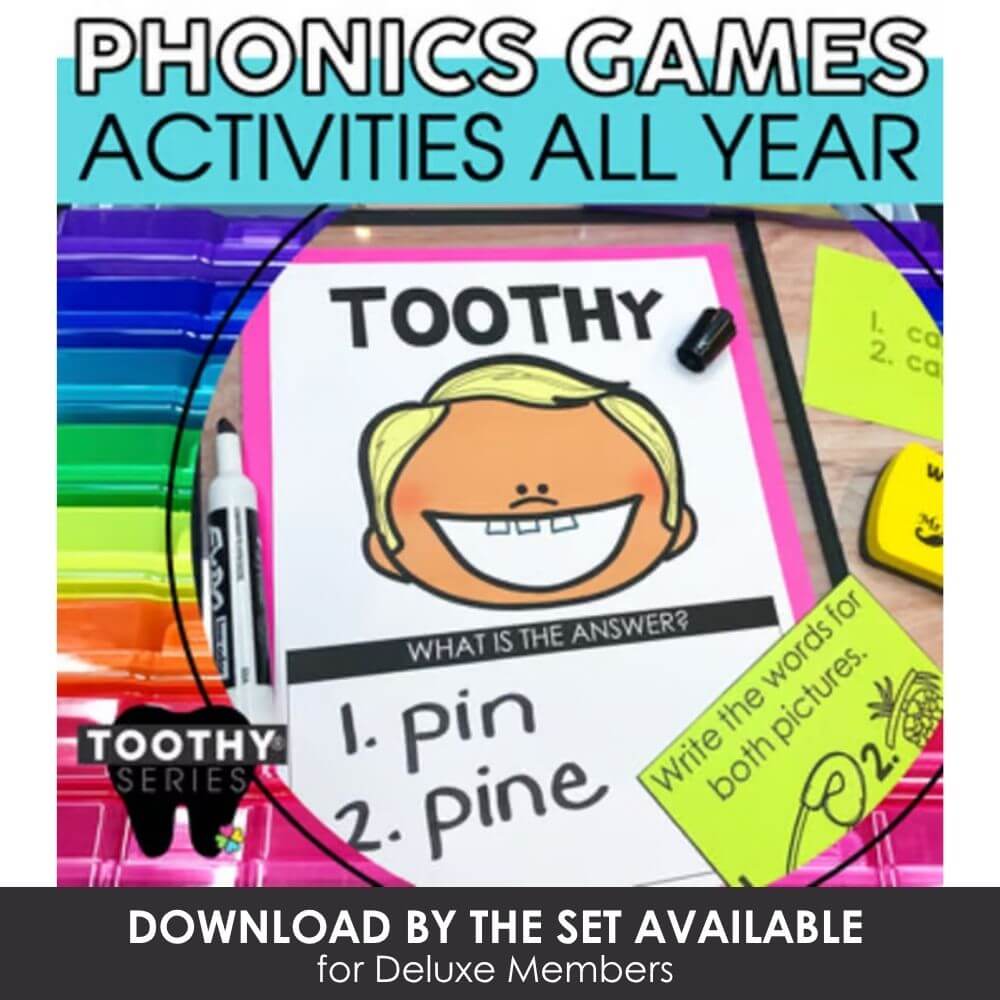 Colorful phonics games for all-year activities to improve early reading skills in young learners.