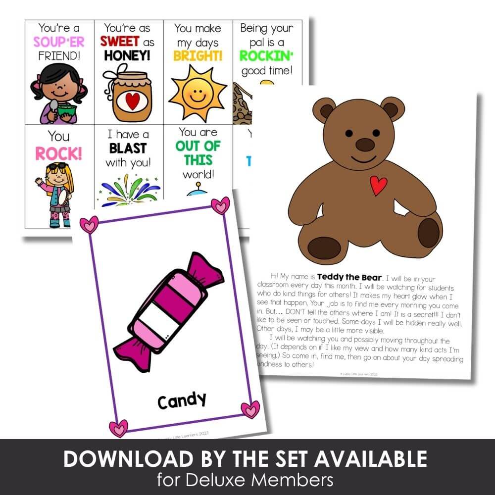Cute teddy bear and candy learning activity for preschool, spelling, and classroom decor featuring engaging educational printables from Lucky Little Learners.