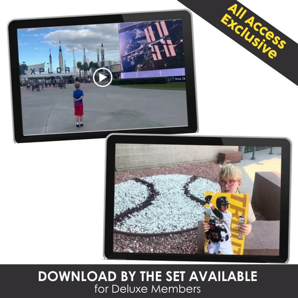 Interactive learning tablets with educational content for children, featuring space exploration and sports activities, available for download with exclusive access for Deluxe Members.