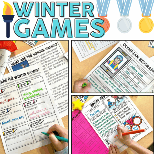 Vibrant educational worksheets and activities from Lucky Little Learners for winter games, sports reports, and Olympic biographies, perfect for engaging elementary students in learning.