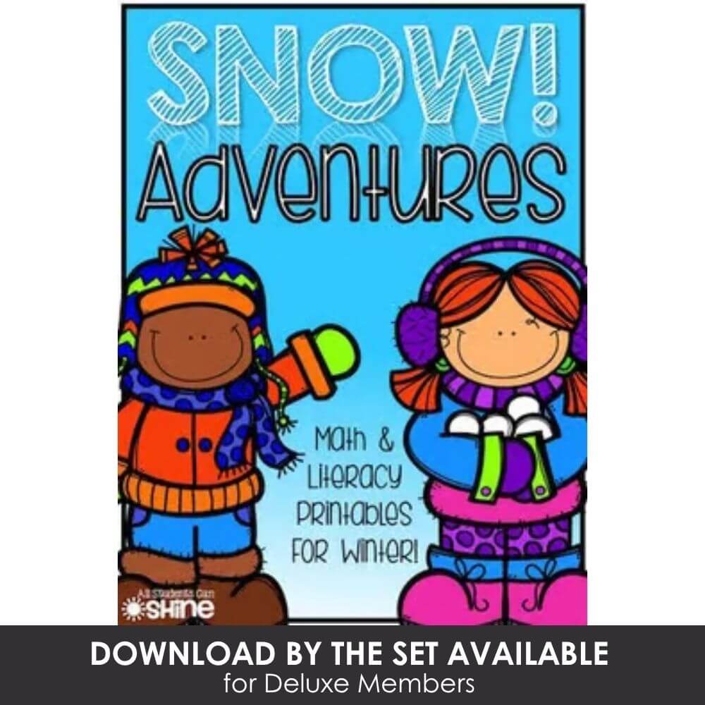Colorful winter-themed snow adventures printable for early learners, featuring math and literacy activities, perfect for classroom use and homeschool winter educational fun.