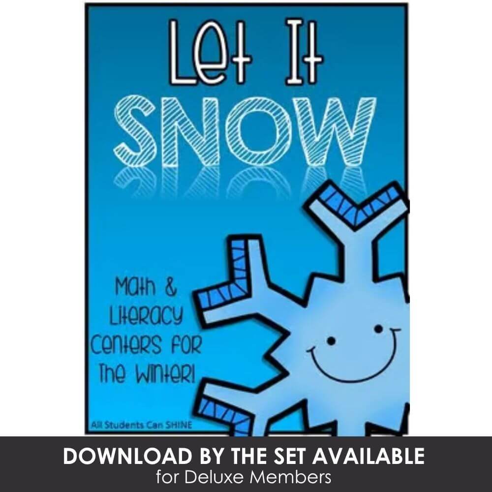 Colorful snowflake-themed educational resource for winter math and literacy activities for early learners.