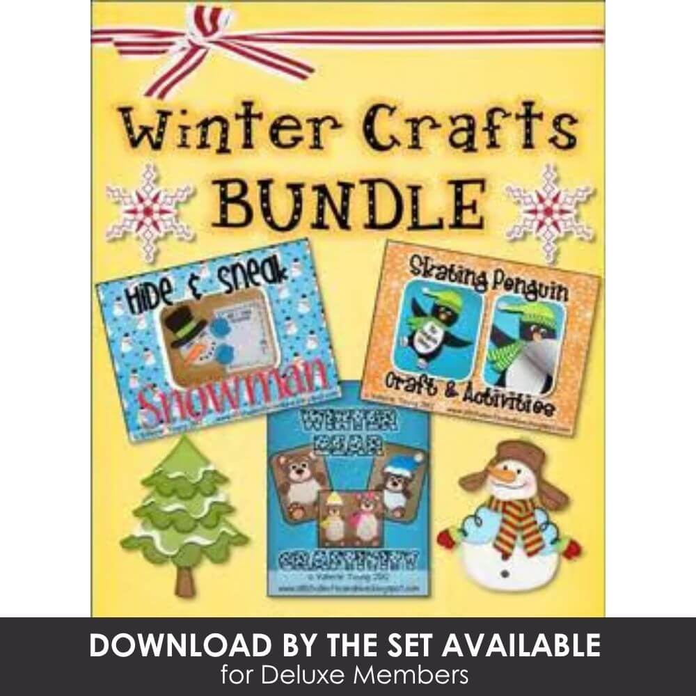 Colorful winter crafts bundle for kids, includes snowman, penguin, and woodland animal themed activities, perfect for preschool and kindergarten holiday activities.