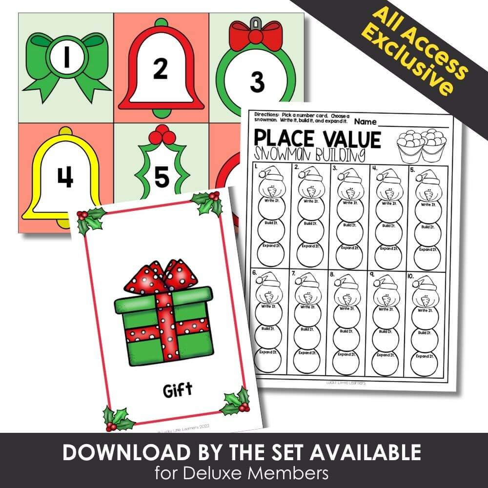 Festive holiday classroom activity with Christmas-themed place value and snowman building charts for early learning.