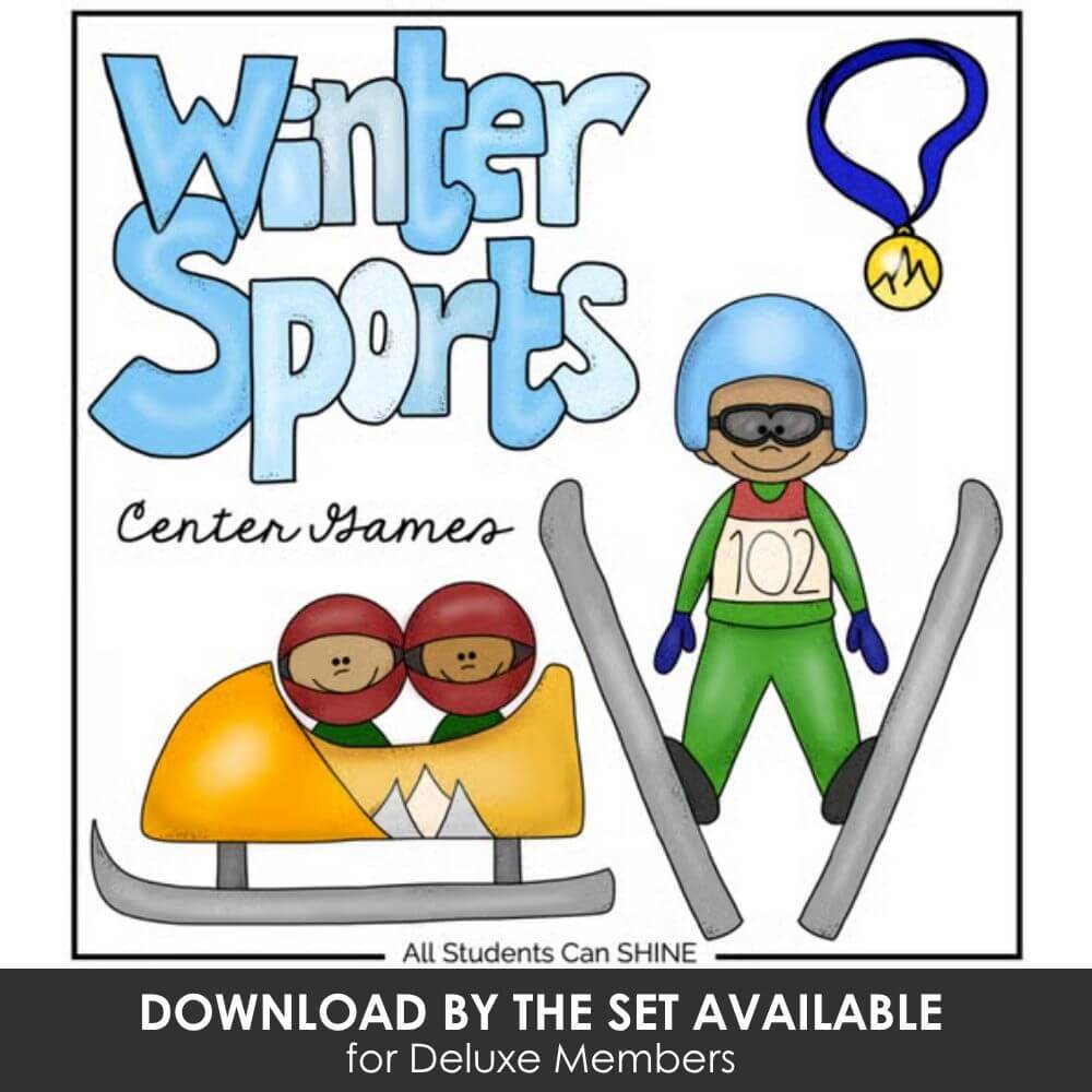 Bright winter sports center games illustration with kids skiing, snowboarding, and winter activities for preschool, kindergarten, and elementary learning.