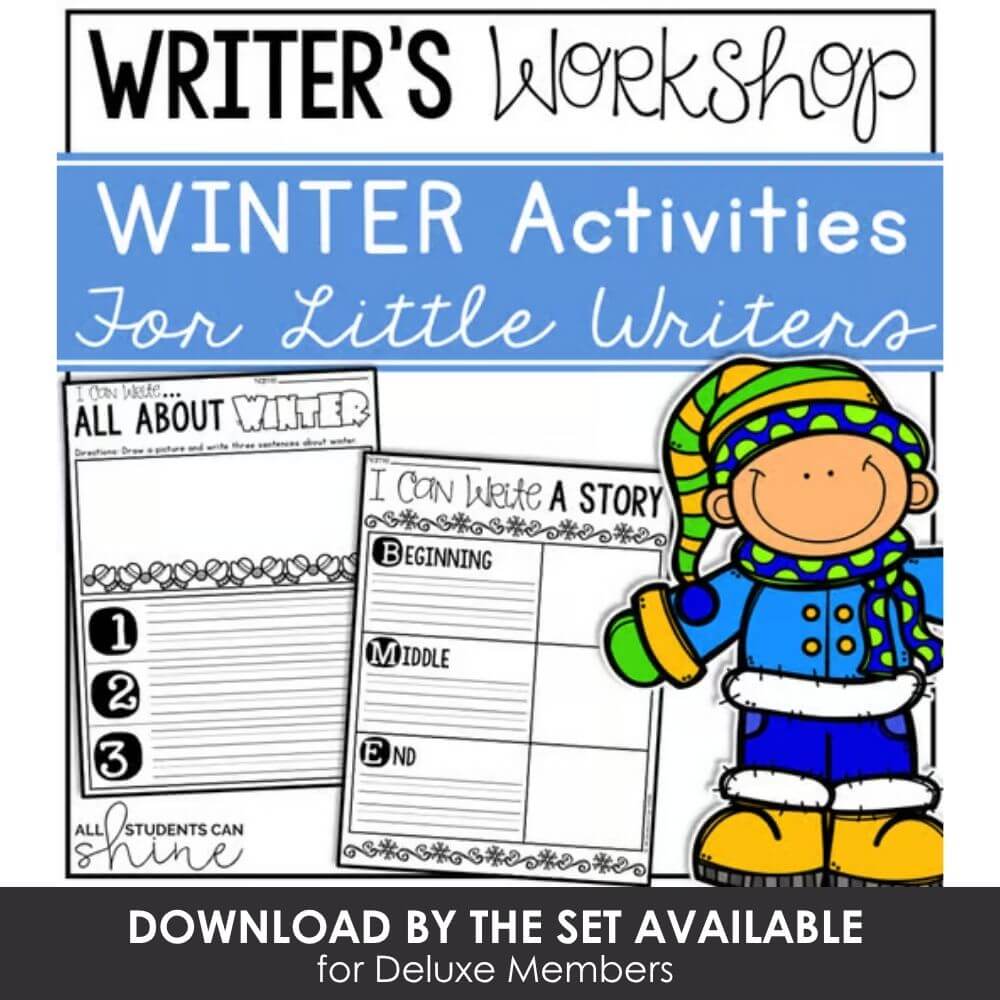 Winter classroom activities for little writers, winter writing workshop pages, kids' winter story writing templates, elementary winter writing resources for young students.