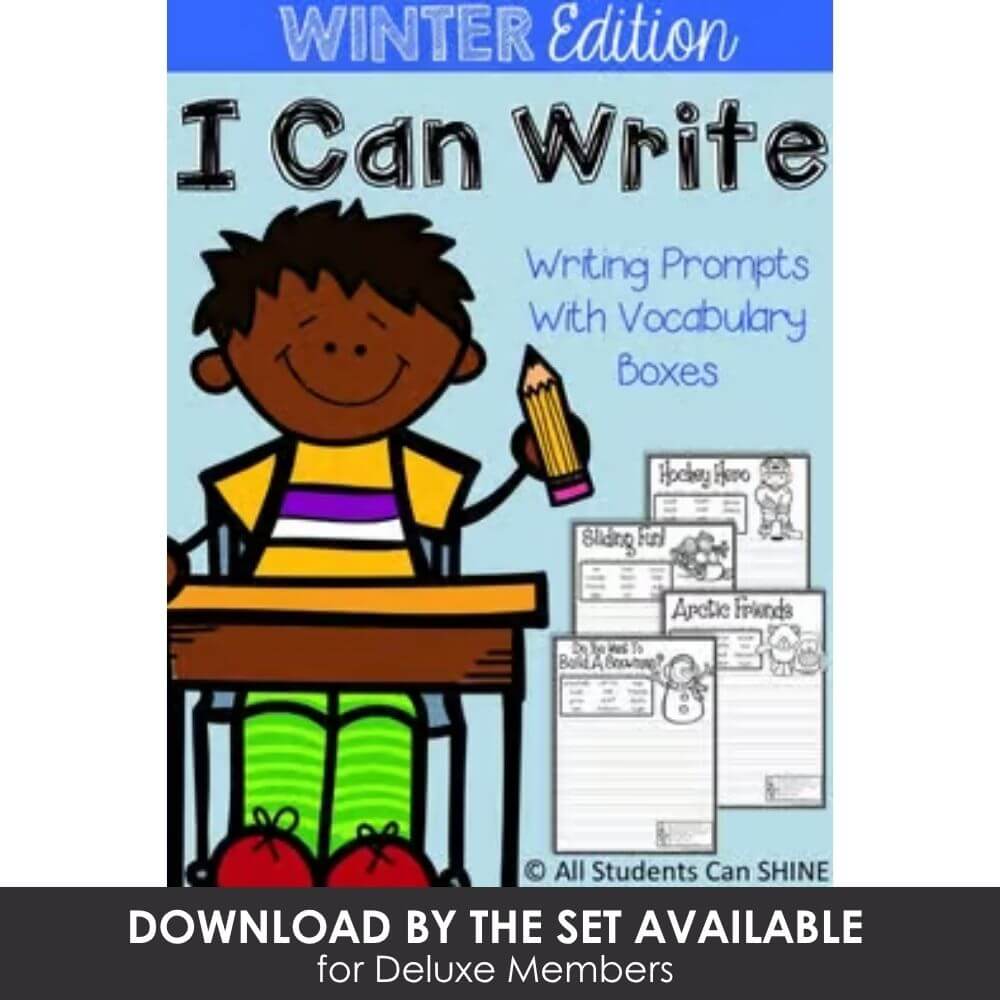 Bright, colorful winter-themed writing prompts with vocabulary boxes for early learners, perfect for classroom activities and educational resources from Lucky Little Learners.