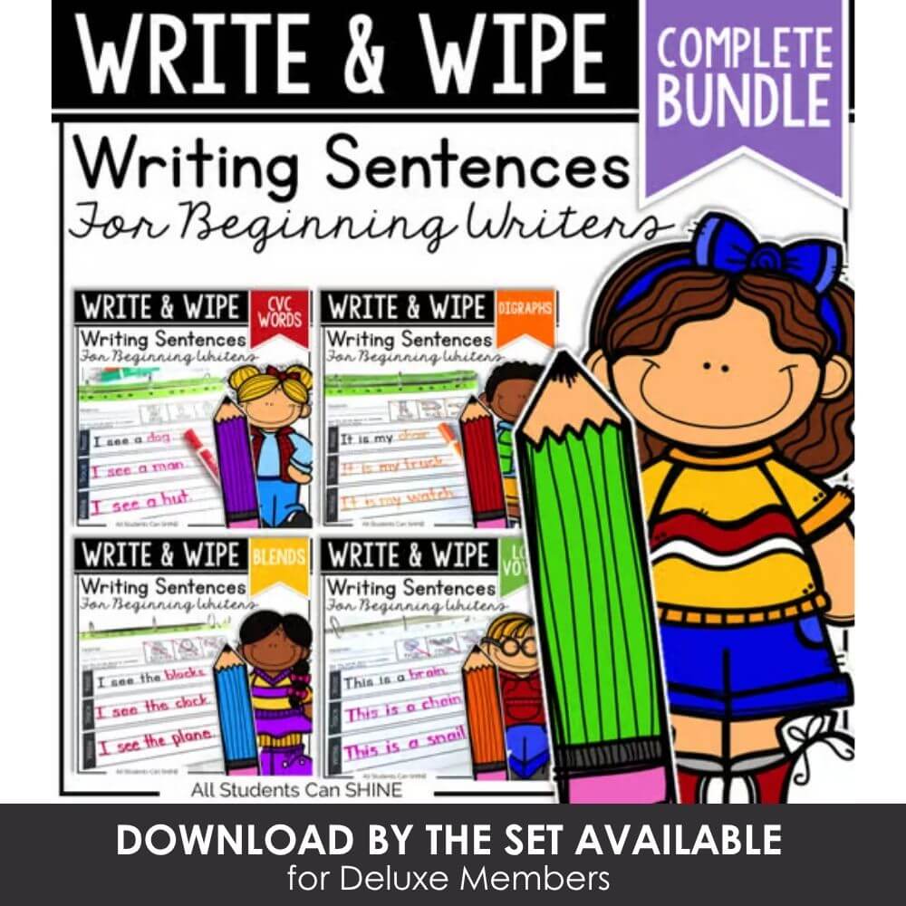 Write & Wipe Writing Sentences Bundle for Beginning Writers, early literacy activities, handwriting practice, sentence writing exercises, literacy skills development, educational resources for kids.
