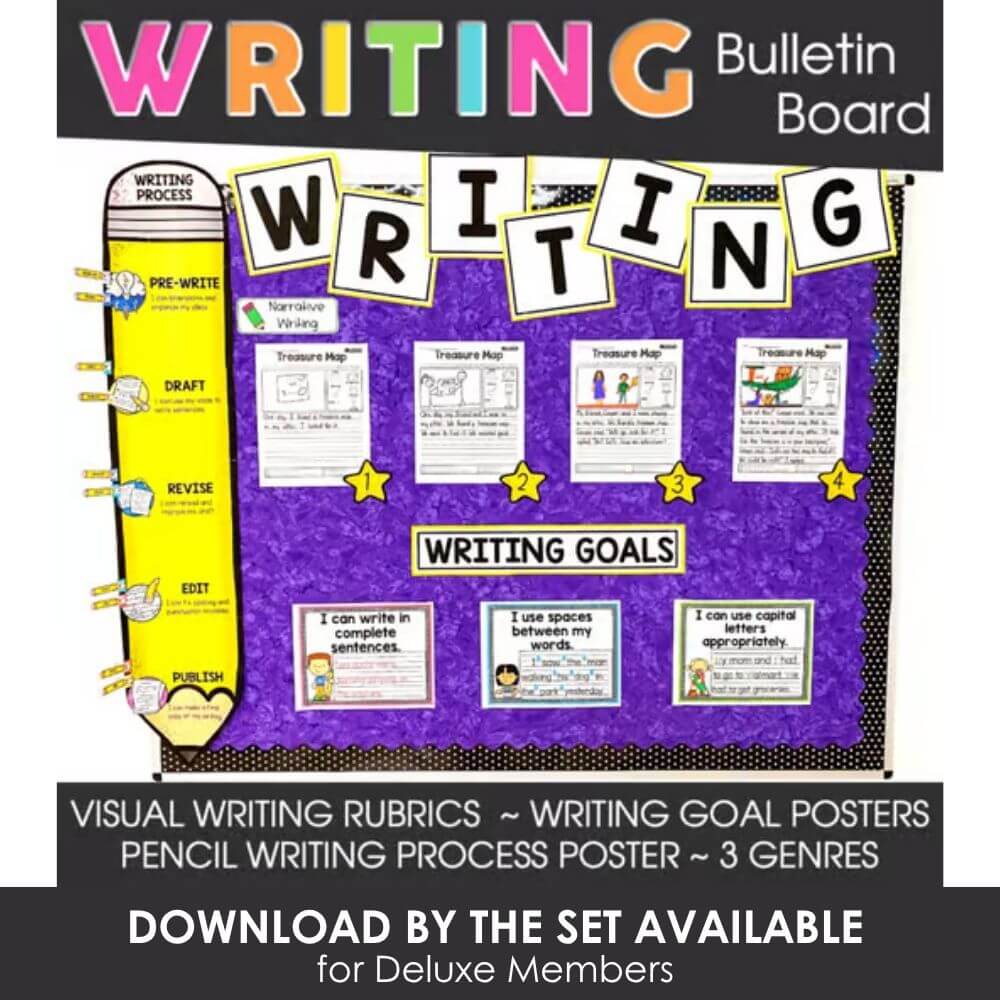 Colorful writing bulletin board for classroom decor and student writing goals.