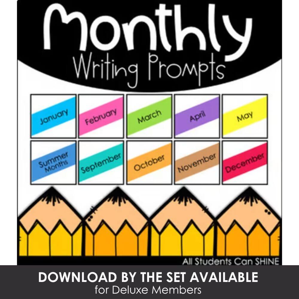 Colorful monthly writing prompts chart for elementary classrooms, ideal for teaching months and seasons, fostering student literacy, and enhancing classroom organization.
