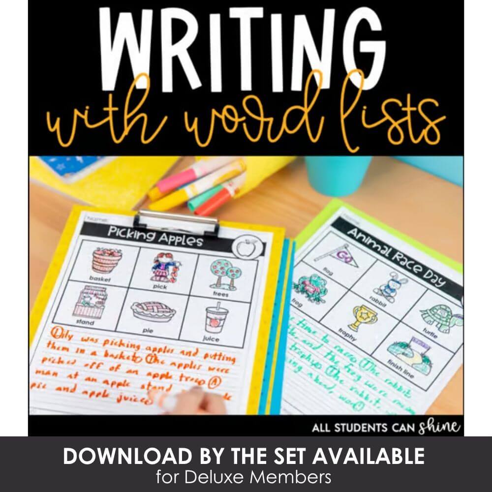 Bright colorful school writing activities featuring word lists for early learners, engaging worksheets for alphabet, speech writing, and vocabulary development in classroom settings.
