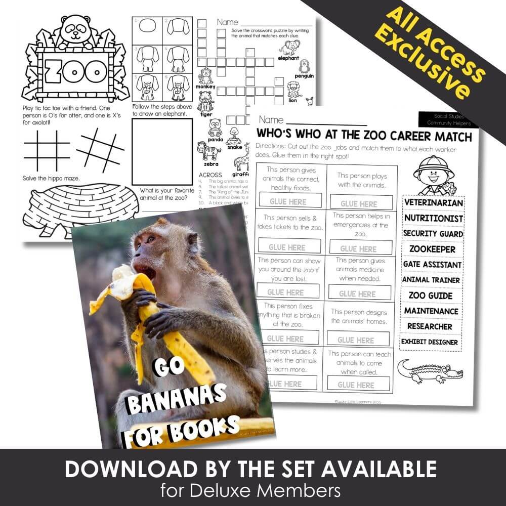 Colorful zoo-themed printable activity sheets with animal match, crossword puzzles, and fun educational exercises for early learners.