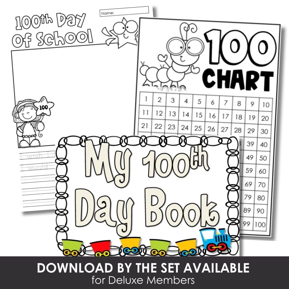 Colorful 100th day of school worksheet, 100 chart, and 100th day book for kindergarten, preschool, and elementary students. Perfect for celebrating and learning about the 100th day.