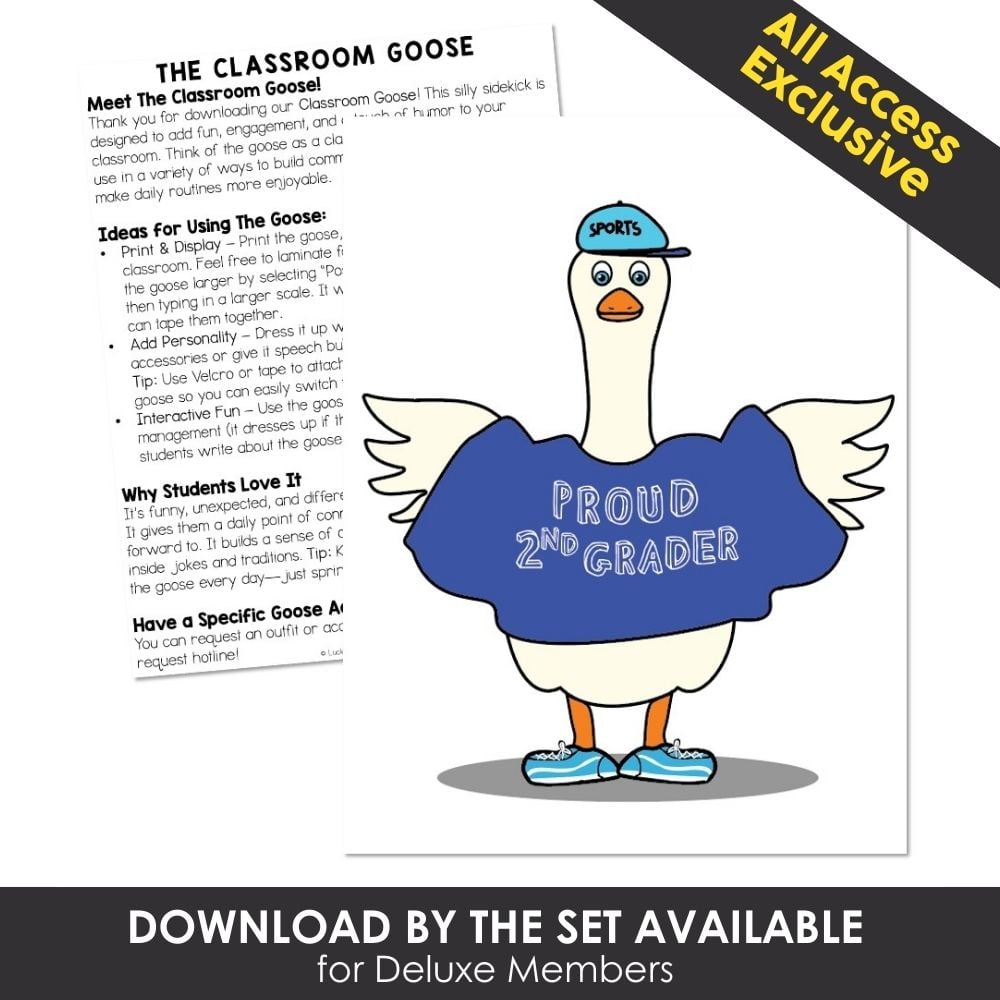 Cute classroom goose wearing a blue "Proud 2nd Grader" sweatshirt, fun educational decor, printable for teachers and students, classroom decor, second grade classroom accessories.