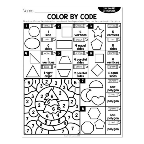 Color by Code - Geometry - 2D Shape Attributes - Lucky Little Learners