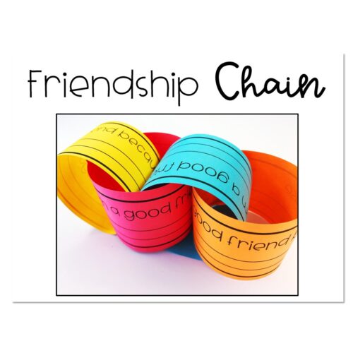 Colorful friendship chain craft for preschool and elementary students, perfect for classroom activities, social-emotional learning, and team-building exercises. Bright paper links with positive messages.